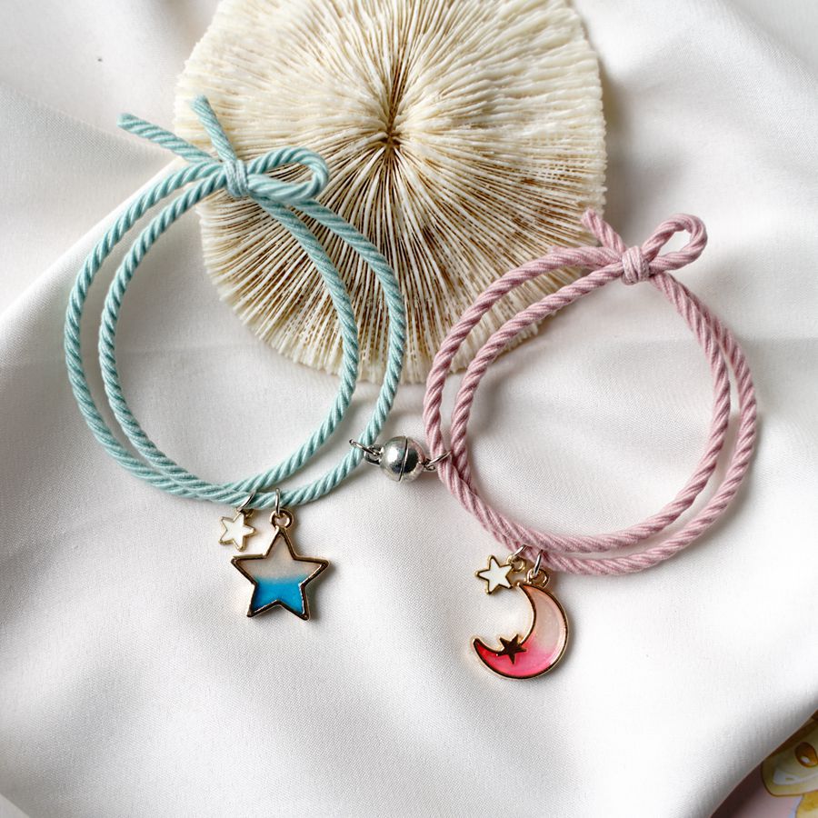 2 pçs estrela lua magnética casal pulseira conjunto para homens mulheres na moda artesanal corda corrente amizade pulseira ajustável jóias