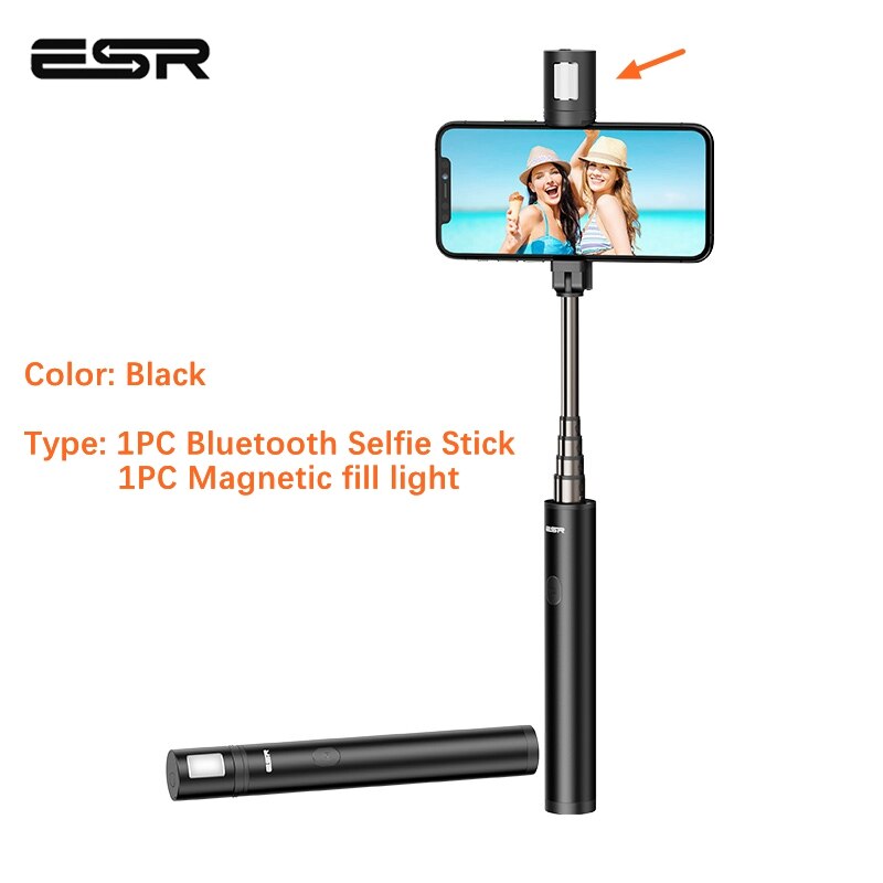 Esr Bluetooth Selfie Stok Afstandsbediening Met Led Licht Voor Live Camera Selfie Handheld Stick Voor Iphone Samsung Xiaomi Android: With LED Black