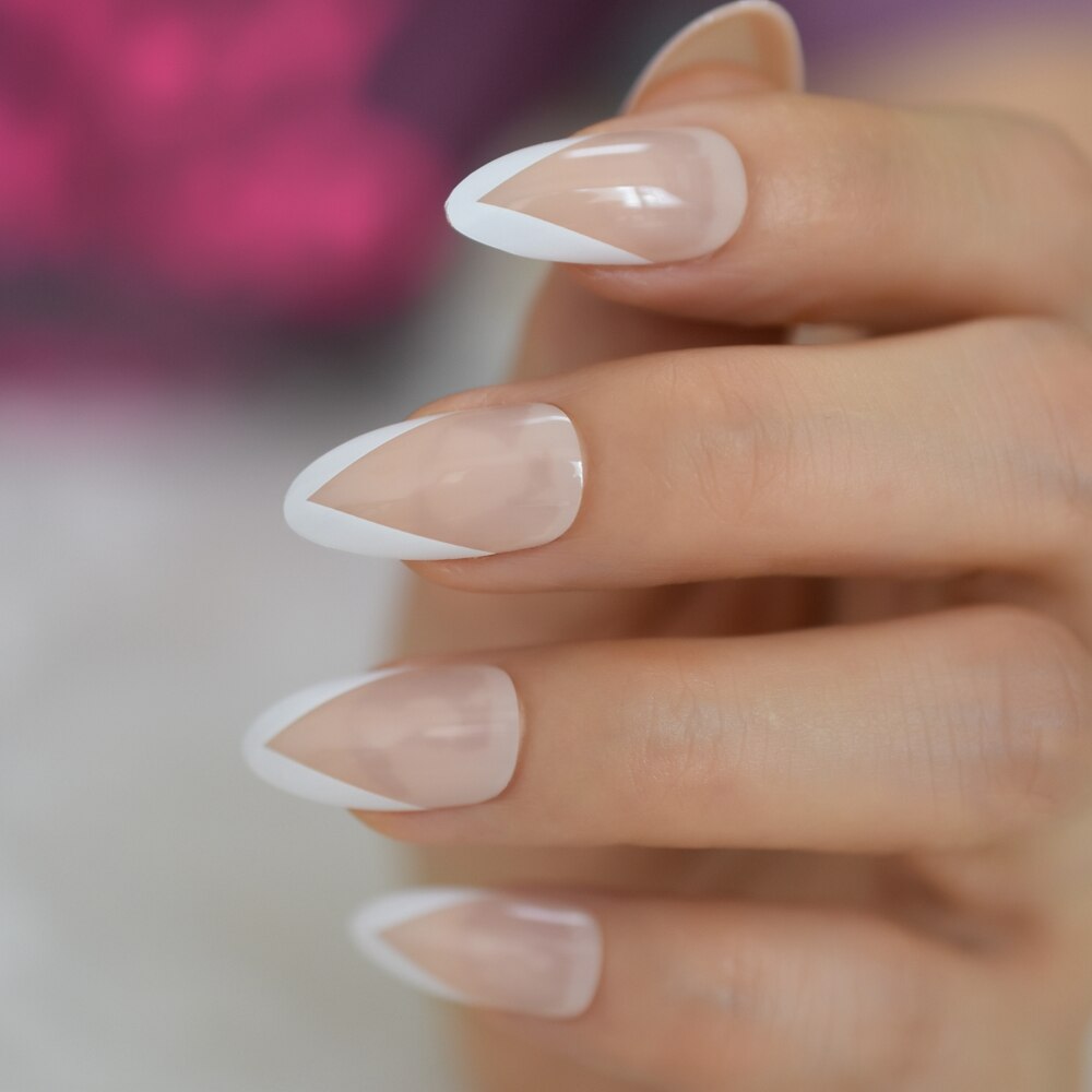 White V Shape French Nails Medium Stiletto Press On Nails Natural Color Predesigned Tips with Glue Sticker