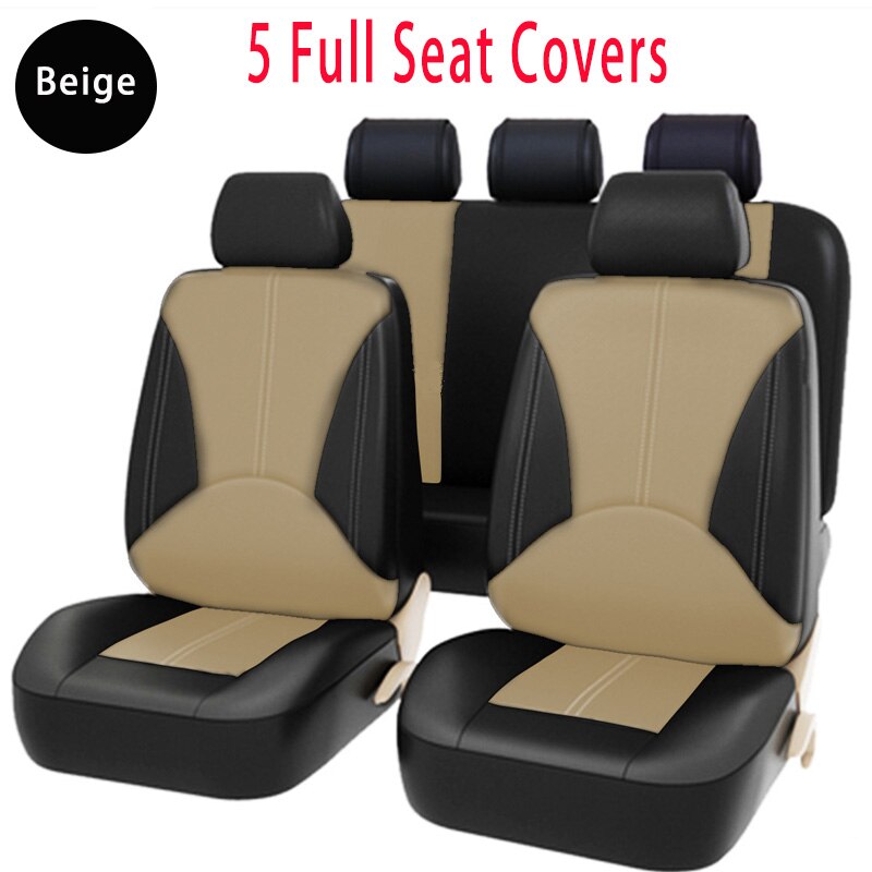 PU Leather Car Seat Cover Universal Patchwork Automobile Interior Cushion Cars Seat Covers All Seasons Grey Beige Cofffect: PQ170-5SeatBeige
