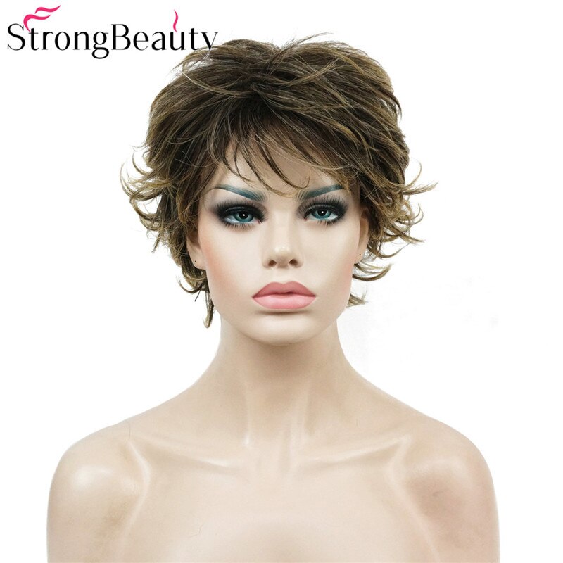 StrongBeauty Short Straight Synthetic Capless Wig Brown/Blonde Mix Layered Haircut Hair Natural Wigs
