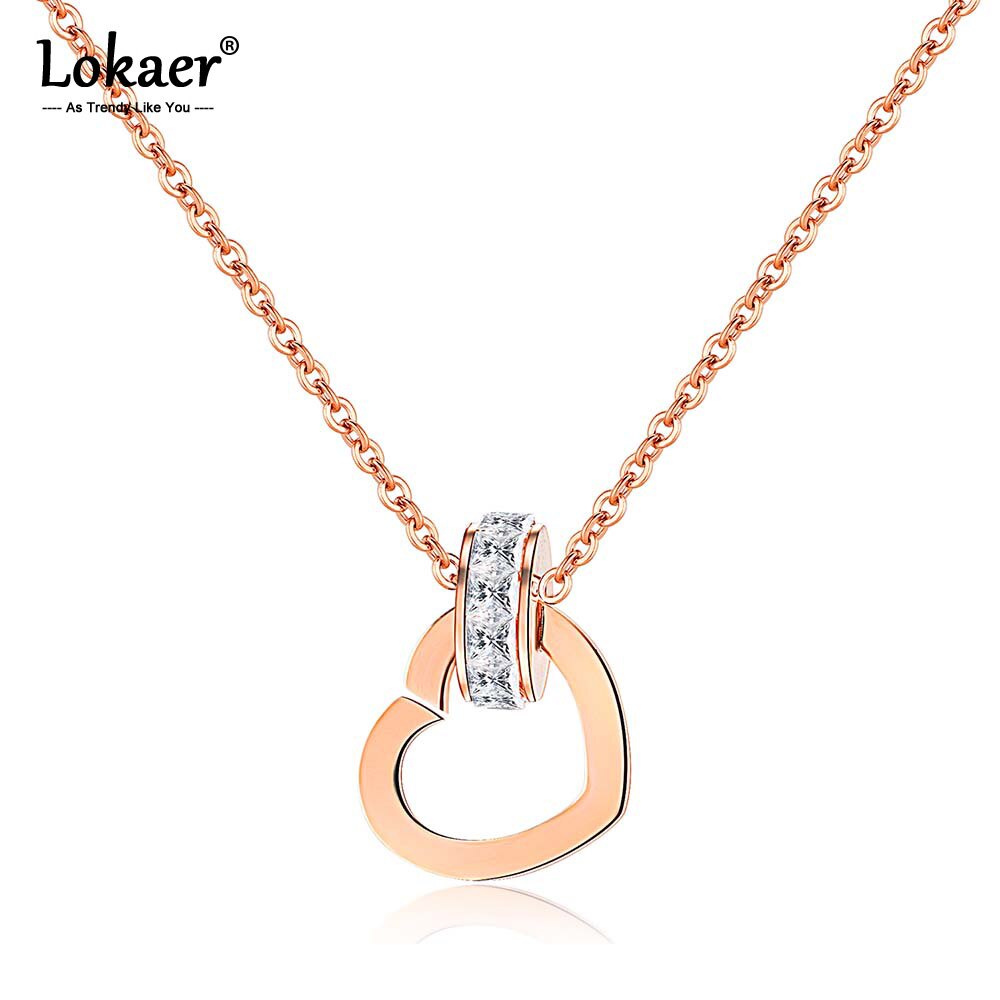 Lokaer Neue Zirkonia Kreis & Liebe Herz Charme Anhänger Halsketten Rose Gold Edelstahl Kette Neckalce Für Frauen Mädchen