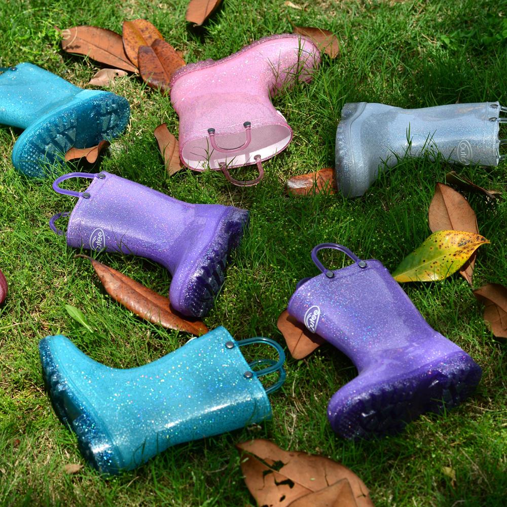 Meisjes Kinderen Regen Laarzen Voor Peuter Kinderen Baby Waterdichte Rubber Modder Schoenen Light Up Led Sparkle Glitter Lichtgewicht Paars Blauw