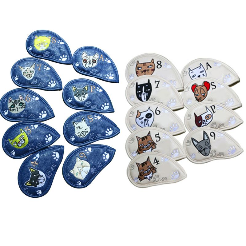 9 Pcs Draagbare Golf Club Headcovers Leuke Cartoon Kat Patroon Pu Waterdichte Fairway Hybrid Putter Cover Set Vintage