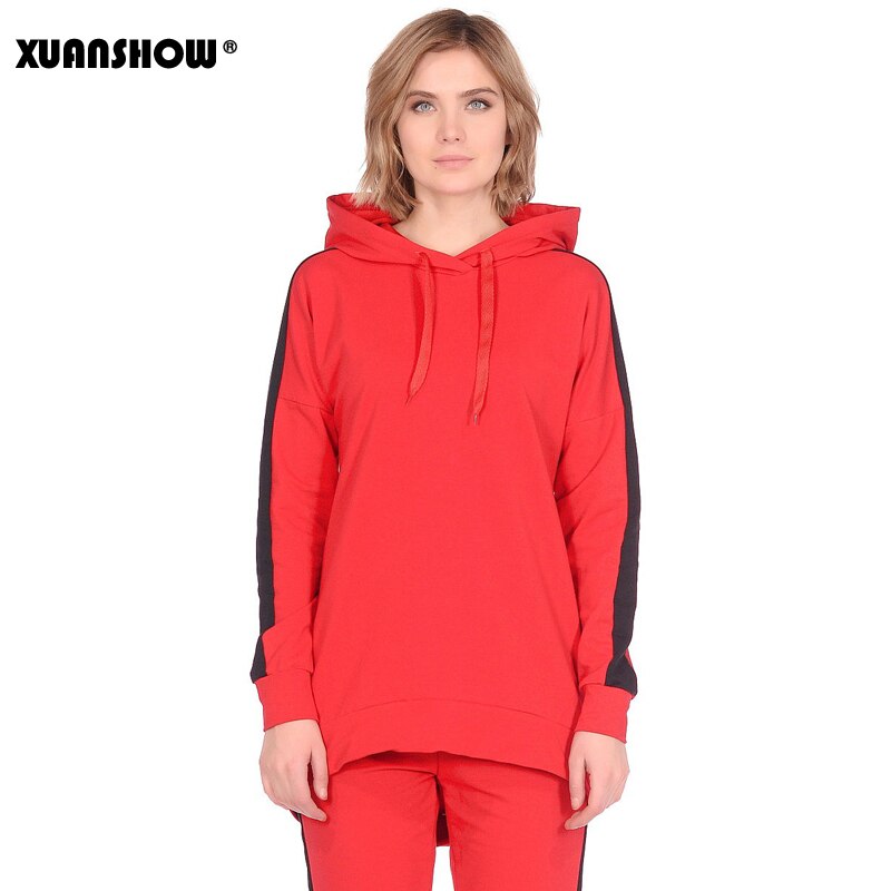 XUANSHOW Autumn Winter Female 2 Piece Set Tracksuit For Women Long Sleeve Long Hoodies+Pants Two Piece Set Outfit Women Suit: RedandBlack / XXL