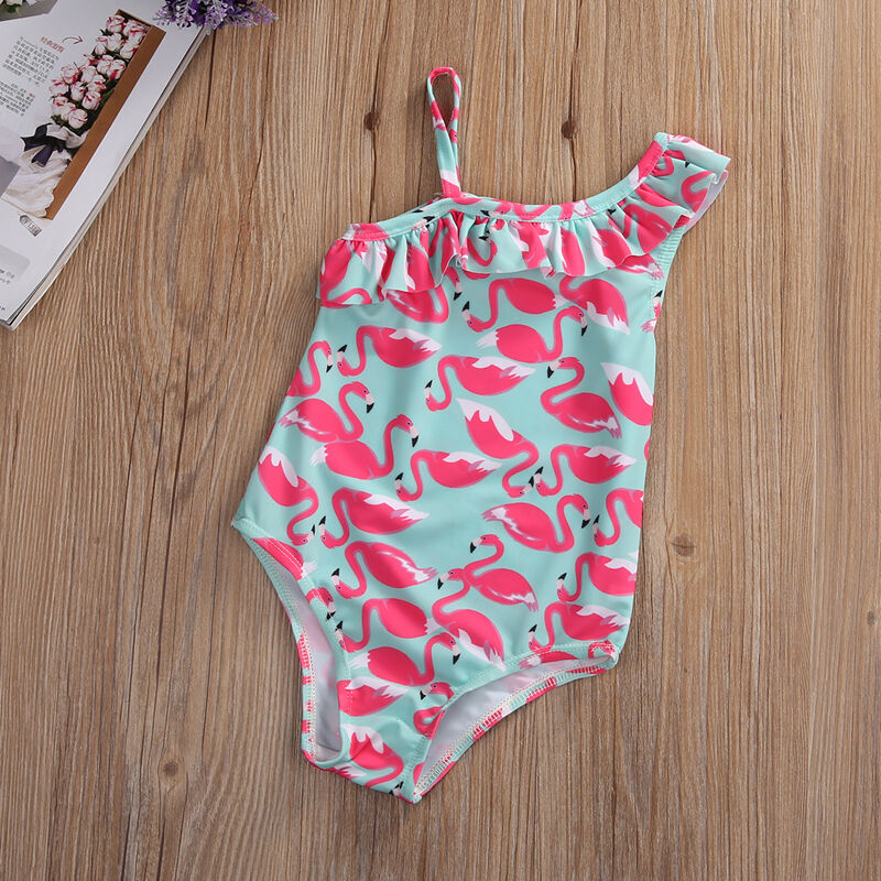 Peuter Kids Meisjes Leuke Roze Flamingo Print Ruches Een Schouder Een Stuk Past Cartoon Beachwear Badpakken Badpakken
