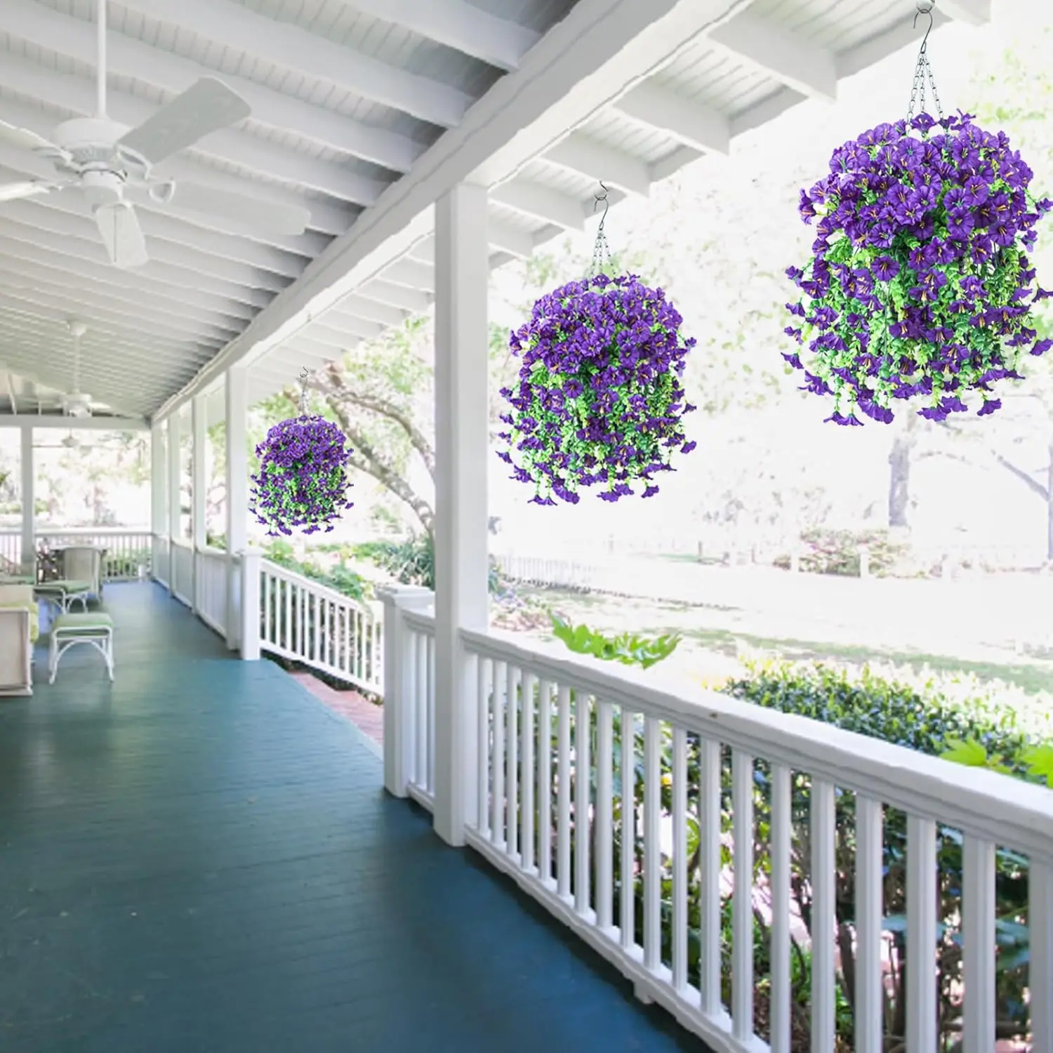 Flores artificiales colgantes, plantas de seda sintética, moradas, gloria matutina, enredaderas largas, resistentes a los rayos UV, realistas para decoración de jardín y balcón