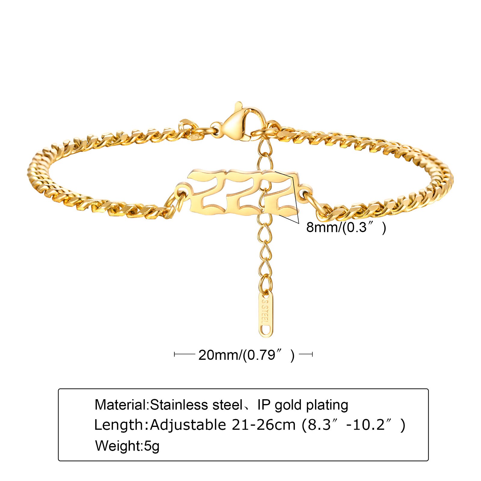 Angel Numbers, Angel Number Bracelet, Stainless Steel Angel Number Anklets, Angel Number: Bracelet 222