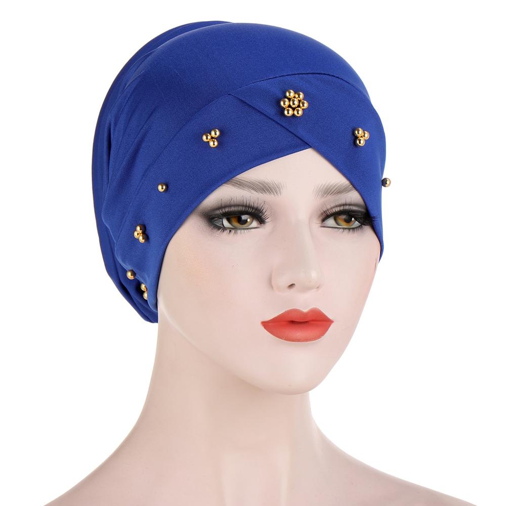 Turbante con cuentas, Turbante elástico musulmán para mujer, gorro interior hiyab cruzado para la frente, gorro árabe para envolver la cabeza, gorros para Hijab: 6