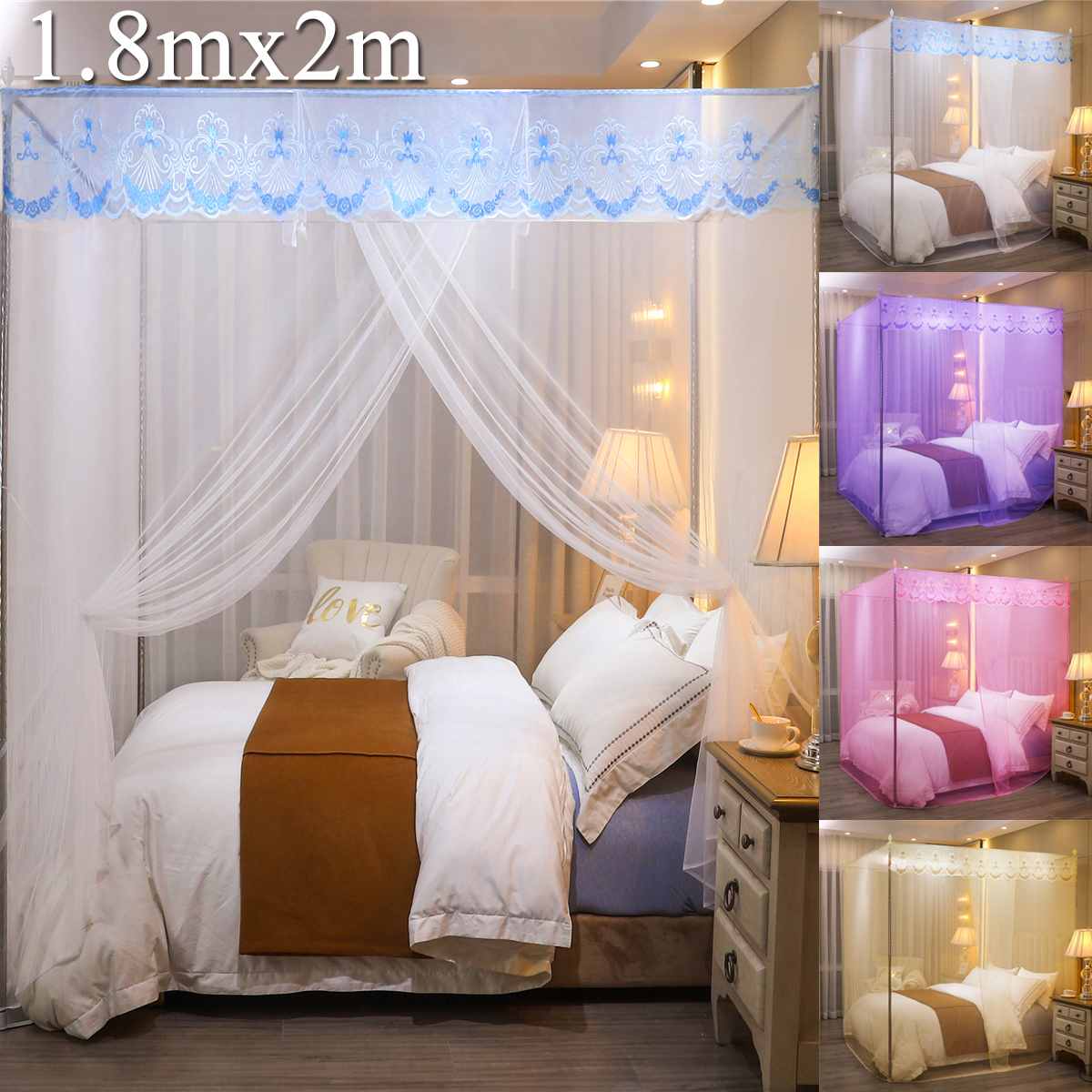 Mosquito Net Single Side Openings Four Corner Bed Post Bed Canopy Mosquito Net Luxury Princess Style Full Queen King Size