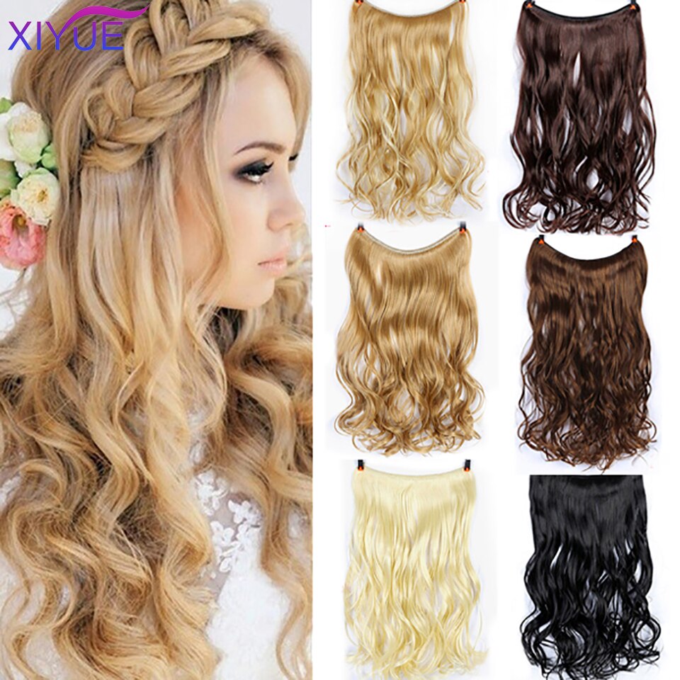 Lang krøllet/lige 24 tommer kvinder fish line hair extensions brun naturlig bølget lang høj temperatur fiber syntetisk hårstykke