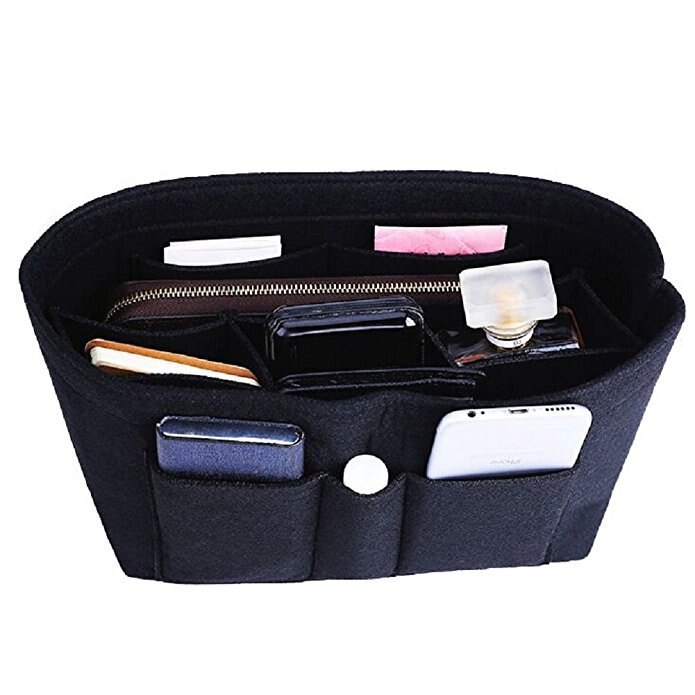 Ruputin kvinder makeup taske filt stof indsats taske organizer make up håndtaske dame rejse organisator multifunktionel kosmetik taske: Sort