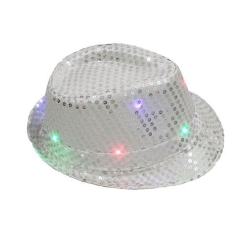 LED Flashing Light Up Fedora Cowboy Hat Sequin Unisex Fancy Dress Dance Party Hat: Silver