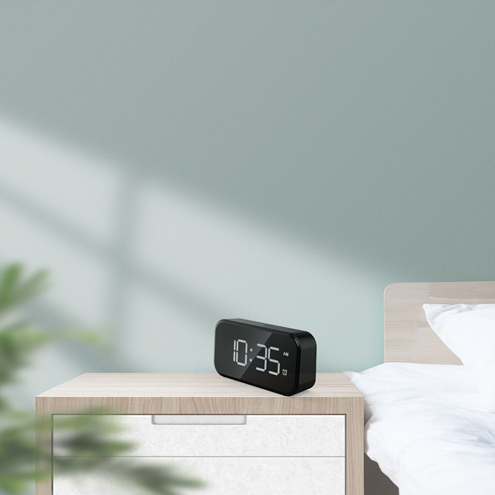 LED Digital Alarm Clock Mirrored Snooze Time Calendar with Adjustable Lighting Modern Electric Table Clock