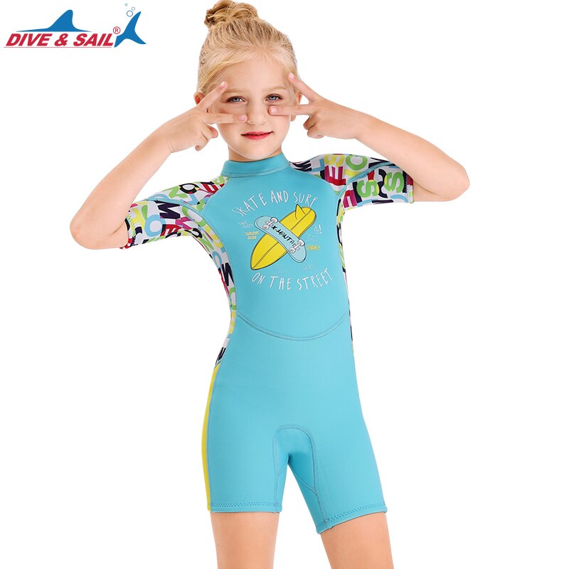 1set diving suit for kids 2.5mm Neoprene Shorty Wetsuit Swimming Boys Girls Sunscreen Surfing Scuba Diving Wet Suit Snorkeling