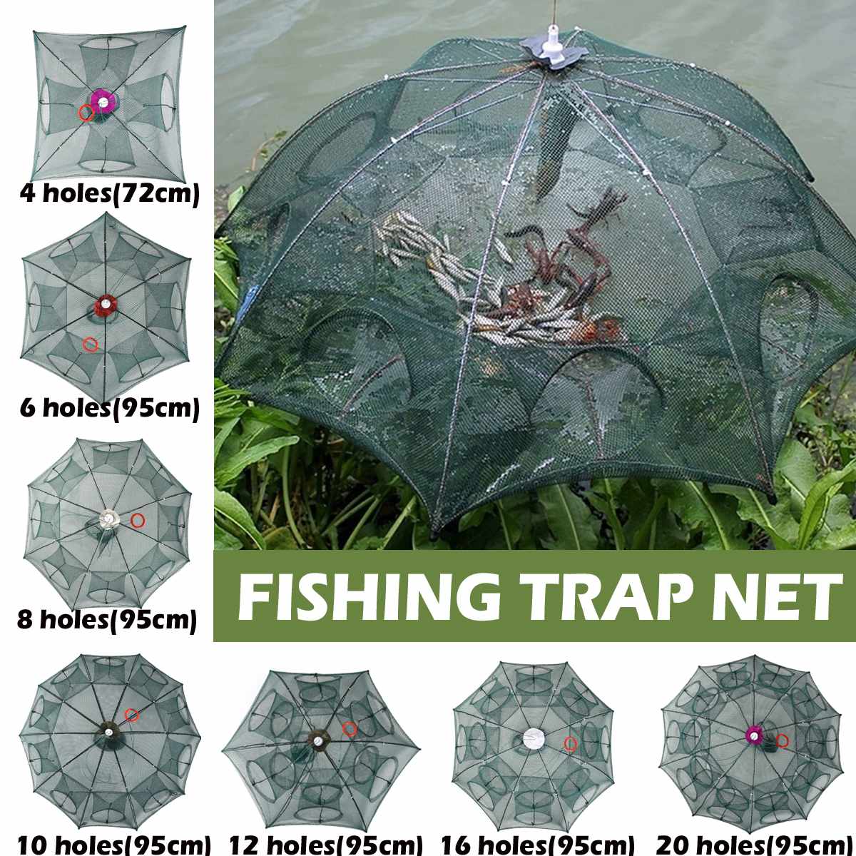 4-20 Holes Automatic Fishing Net Shrimp Cage Folded Fish Network Casting Nets Crayfish Shrimp Catcher Tank Trap Cages Mesh