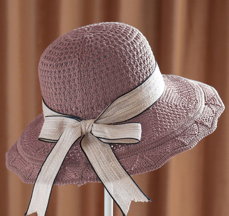 Spring Summer Cotton Knitted Bow Sun Hats Ladies Shade Straw Hat Breathable Big Brim Basin Hat Sunscreen Beach Caps: Purple