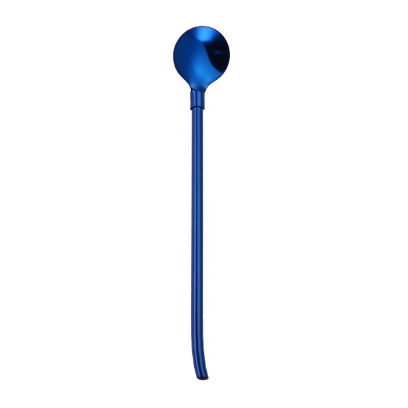 Pajitas reutilizables para beber, cuchara de acero inoxidable, pajilla de bebida larga, portátil, Color arcoíris, cuchara agitadora de cóctel: Azul