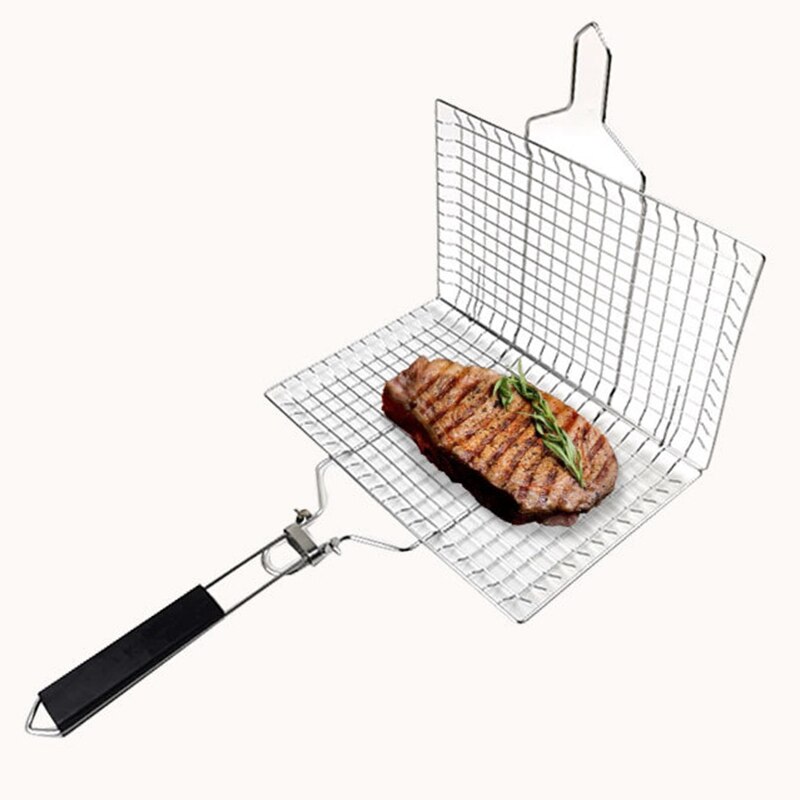 Opvouwbare Draagbare 304 Rvs Bbq Grill Mand Afneembare Handgreep Voor Vis Groenten Garnalen