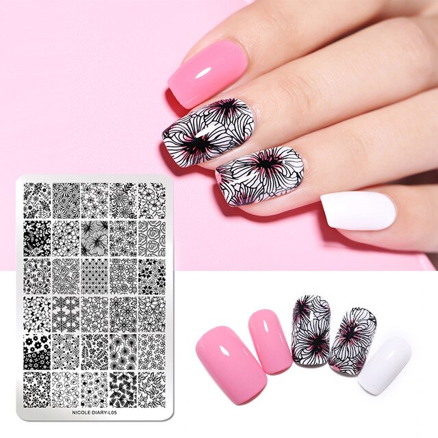 Nicole Dagboek Bloemen Patroon Nail Stempelen Platen Afbeelding Schilderen Nail Art Stencils Template Nail Stempel Gereedschap