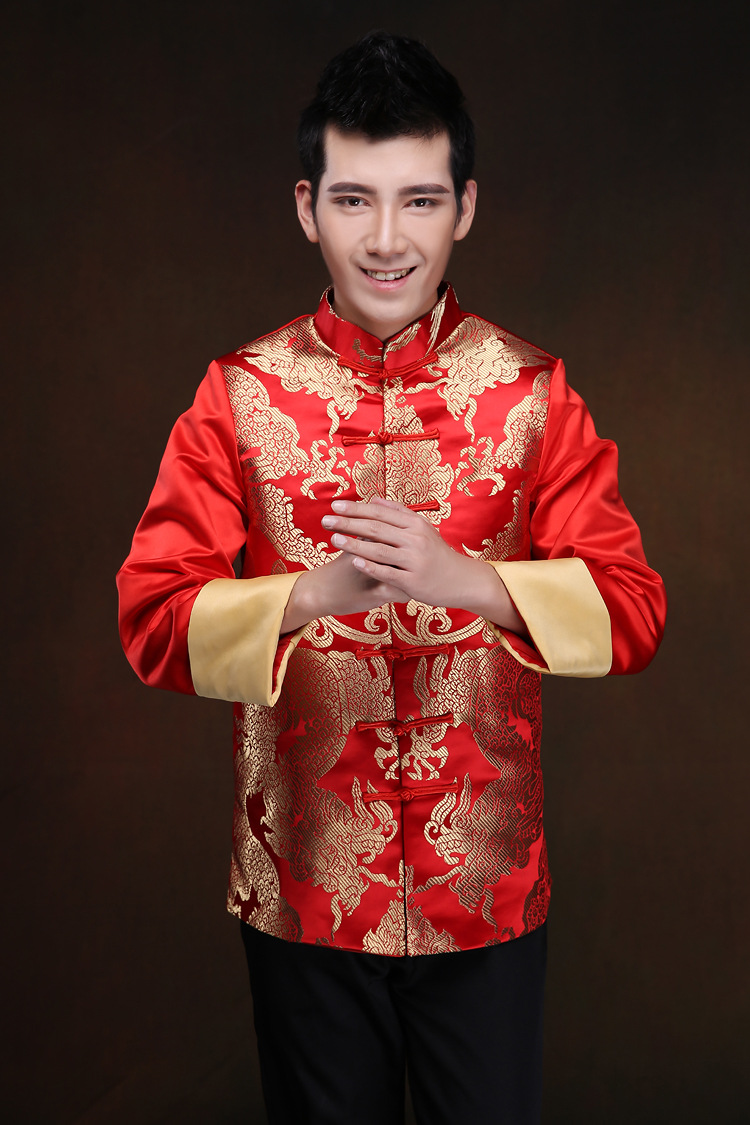 Czerwona tunika mężczyźni tradycyjny chiński mężczyzna orientalne męskie ubrania shanghai tang top cheongsam ślub chiński garnitur tang dla mężczyzn: Red3 / L