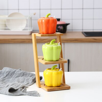 1/pcs Keramische kruiden jar trapeziumvormige bovenste en onderste laag bamboe plank Huishoudelijke peper zout glazen pot Kruiden opslag doos