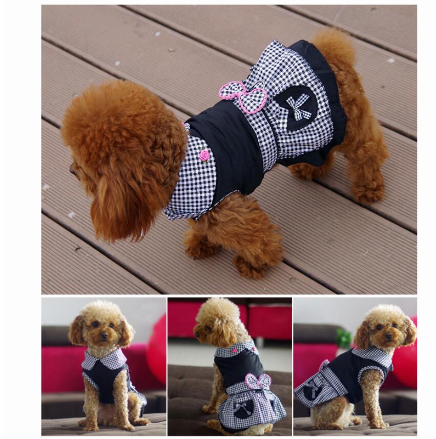 Dog Dresses Black Plaid Dog Clothes Built-in Harness Dress for Dogs Soft Rose Bowknot
