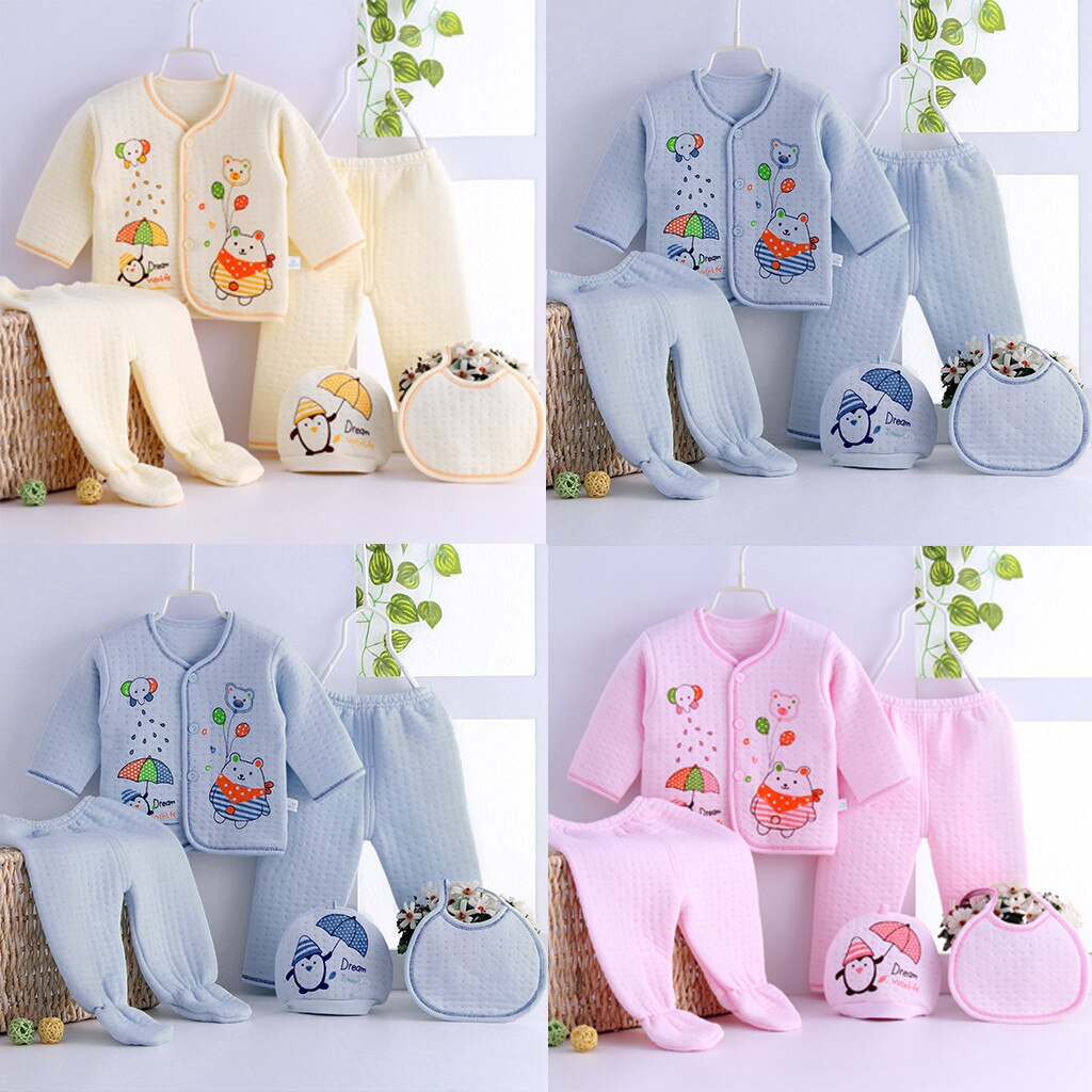 Ensemble de vêtements pour -né garçon et fille, 5 pièces, imprimé hérisson de dessin animé, haut à manches longues, pantalon, chapeau, bavoir, tenue pour enfants, pour -né