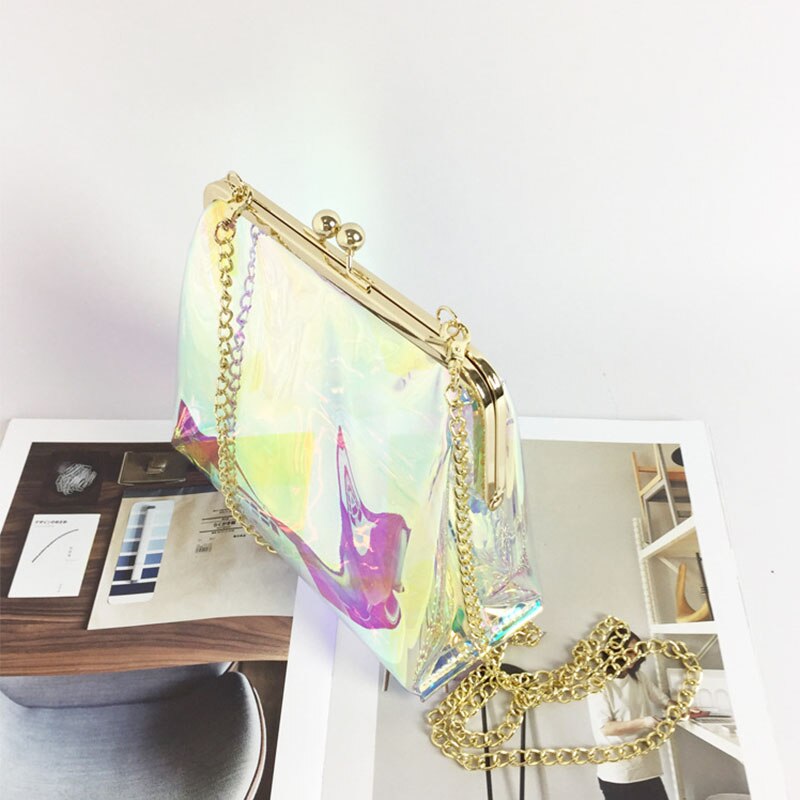 Hisuely clip-tasche, pvc-sommer-gelee-tasche, süße transparente damentasche mit kette, transparente umhängetasche: Laser