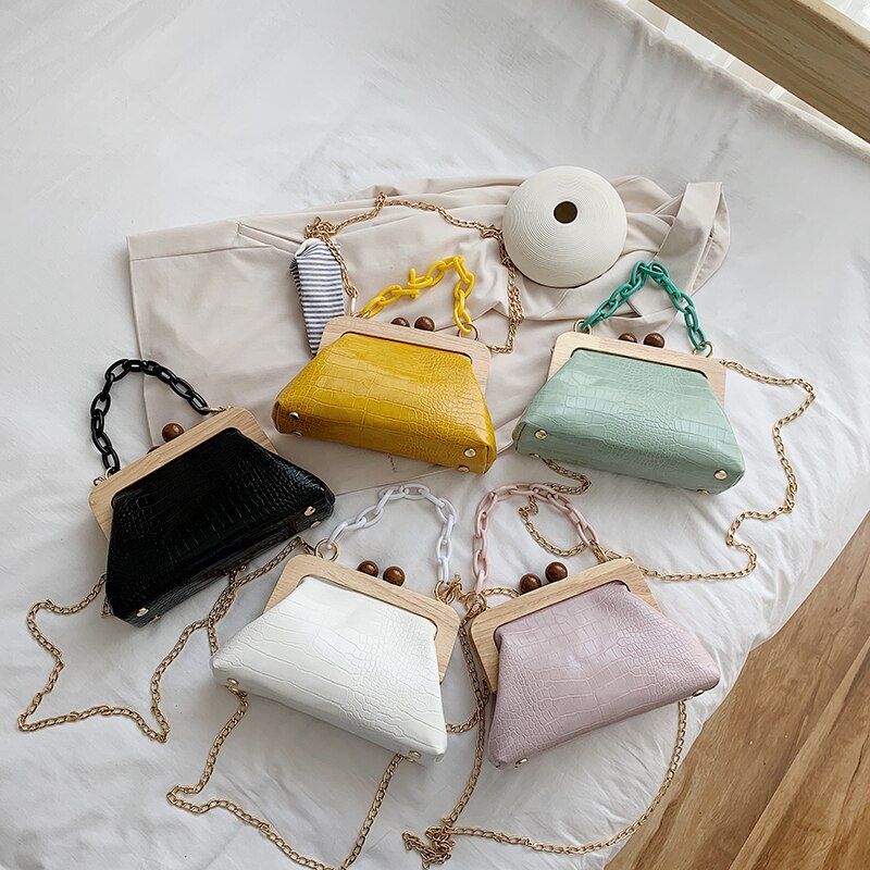 Simple Retro PU Soft Leather Clip Bag Alligator Shell Bags Chic Mini Shoulder Evening Clutch Purse Handbags Lady Chain Tote Bag