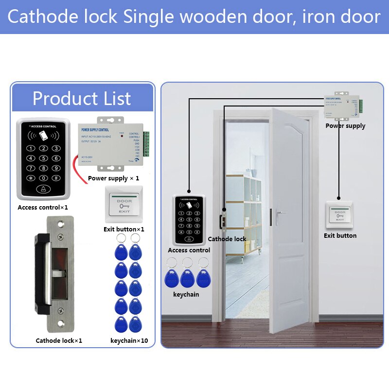 Door Access Control System Kit RFID Access Control Keypad + Power Supply + Electric Magnetic Lock Bolt Strike Locks + 10pcs Keys: Kit1