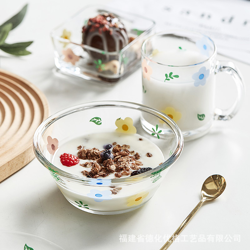 Assiette en verre de fleur cassée, ensemble de vaisselle, tasse de lait de ménage coréen, bassin à Dessert, jolie fille, petite assiette de fruits dîner