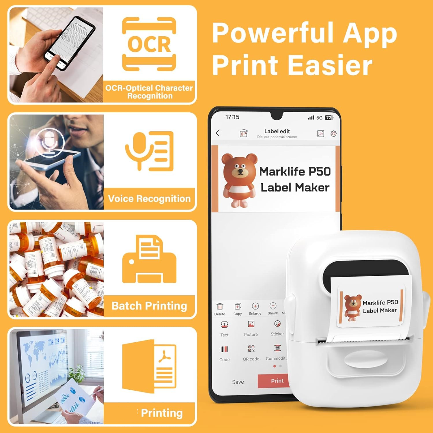 Draadloze labelprinter P50 Inktloze Bluetooth Thermische Label Maker Zelfklevende Label Sticker Machine DIY Patroon Barcode QR Code Tape