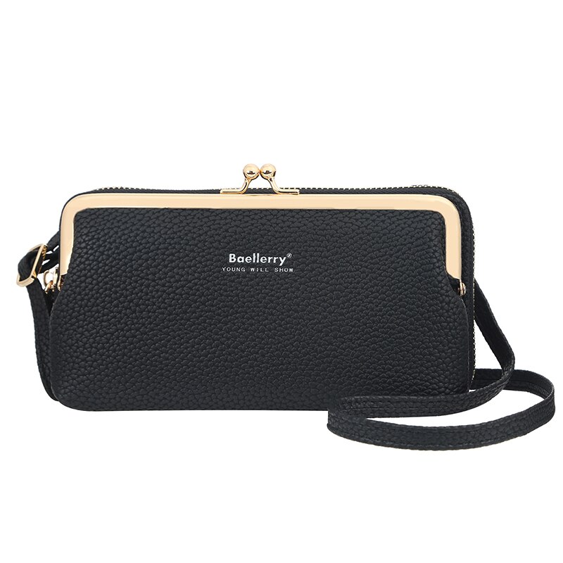 Mini Vrouwen Messenger Bags Pu Lederen Schoudertas Vrouwelijke Mobiele Telefoon Tas Lychee Patroon Grote Capaciteit Rits Portemonnee: Black