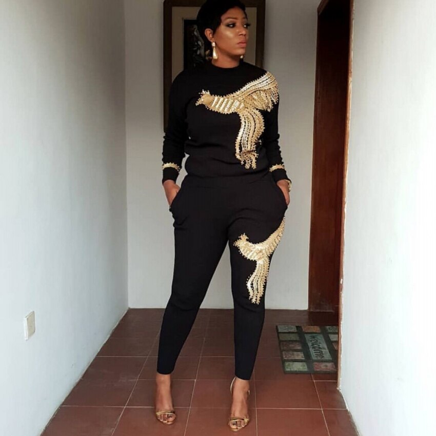 African Sets For Women Long Sleeve Beading Sequined African Elastic Bazin Baggy Pants Rock Style Dashiki Famous Suit Lady: L