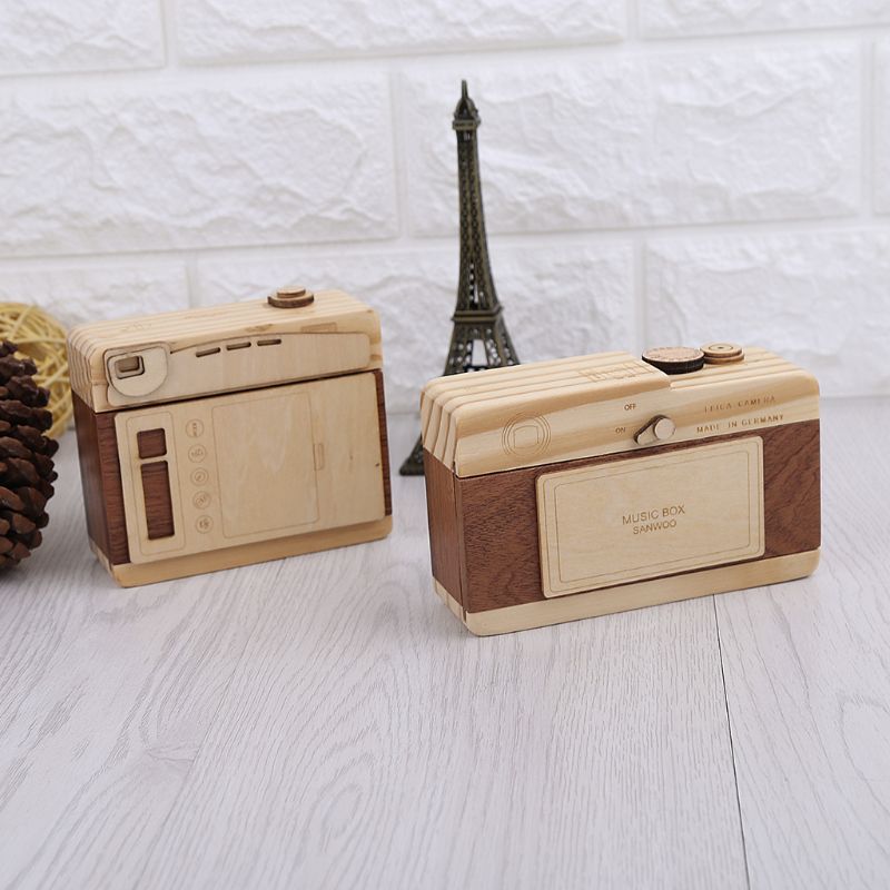 Wooden Music Box Retro Camera Classical Melody Birthday Home Decoration