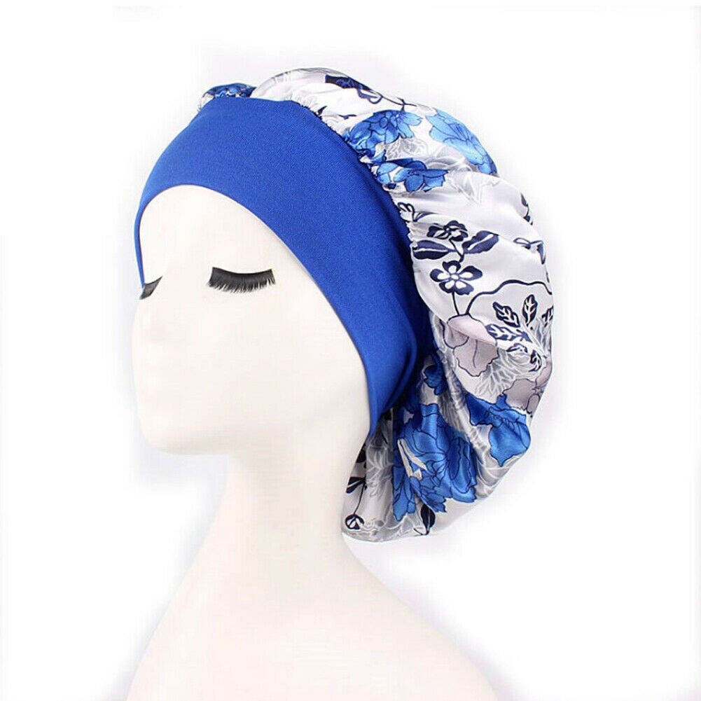 Kvinder satin silke nat søvn cap hår motorhjelm hat hoveddæksel blomster bred juster elastikbånd: Blå