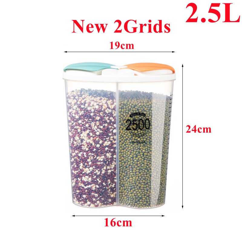 1.5/2/2.5/3L Plastic Food Storage Container with Lid Kitchen Storage Box Refrigerator Noodle Multigrain Jars Home Food Container: New 2grids-2500ml