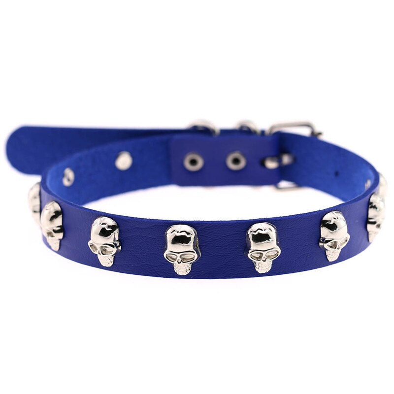 Trendy Punk Rock Silver Color Alloy Skull Leather Choker Necklace For Women Men Collar Jewelry: Sapphire Blue