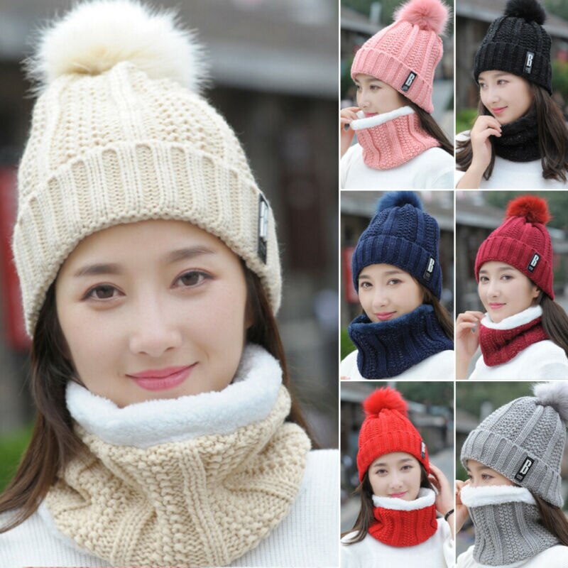 2 stk tørklæde hat sæt kvinder vinter varm solid pomponer strikkede bløde hætter og tørklæder