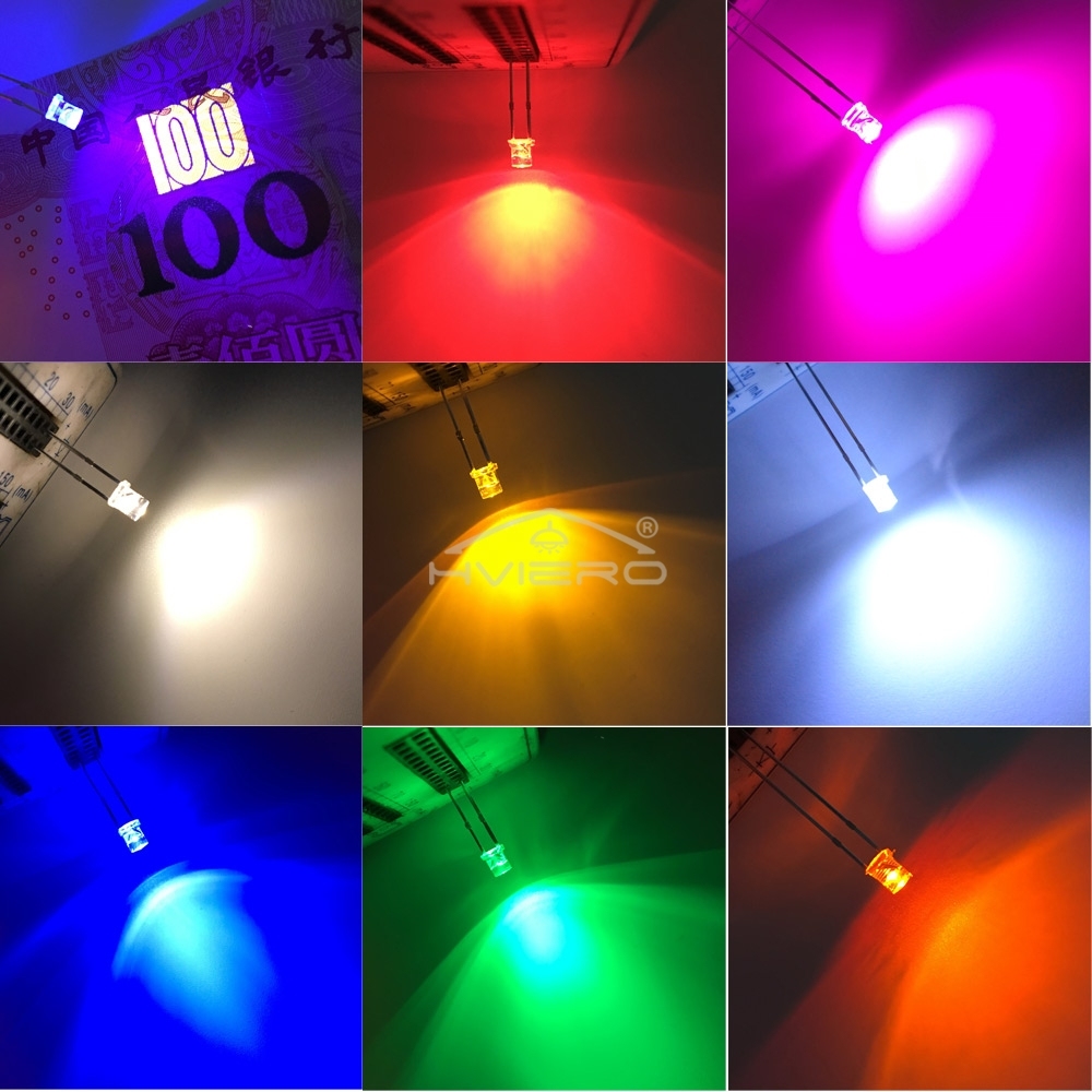 100X F3 3mm 2pins Flat head Bright LED Decoration Bulb White Red Yellow Blue Water Clear Wide Angle Light Emitting Diode Lamp