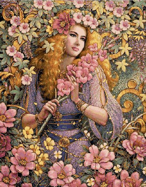 Top prachtig lieflijk telpatroon kruissteekpakket flora bloemenmeisje dienstbode dame vrouw