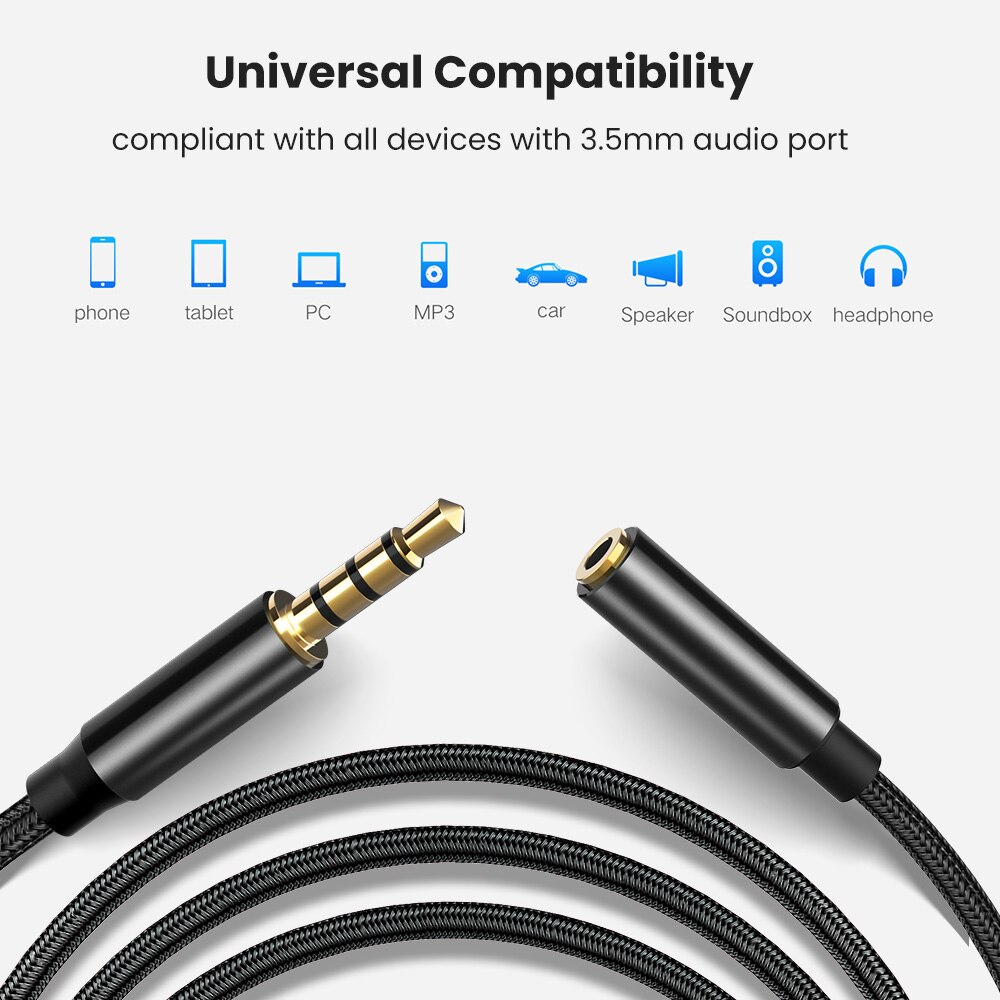 jack lydkabel 3.5mm aux lydkabel hann til hunn forlengelse aux kabel 3.5mm øretelefon lydforlengerledning til høyttaler 1m/2m