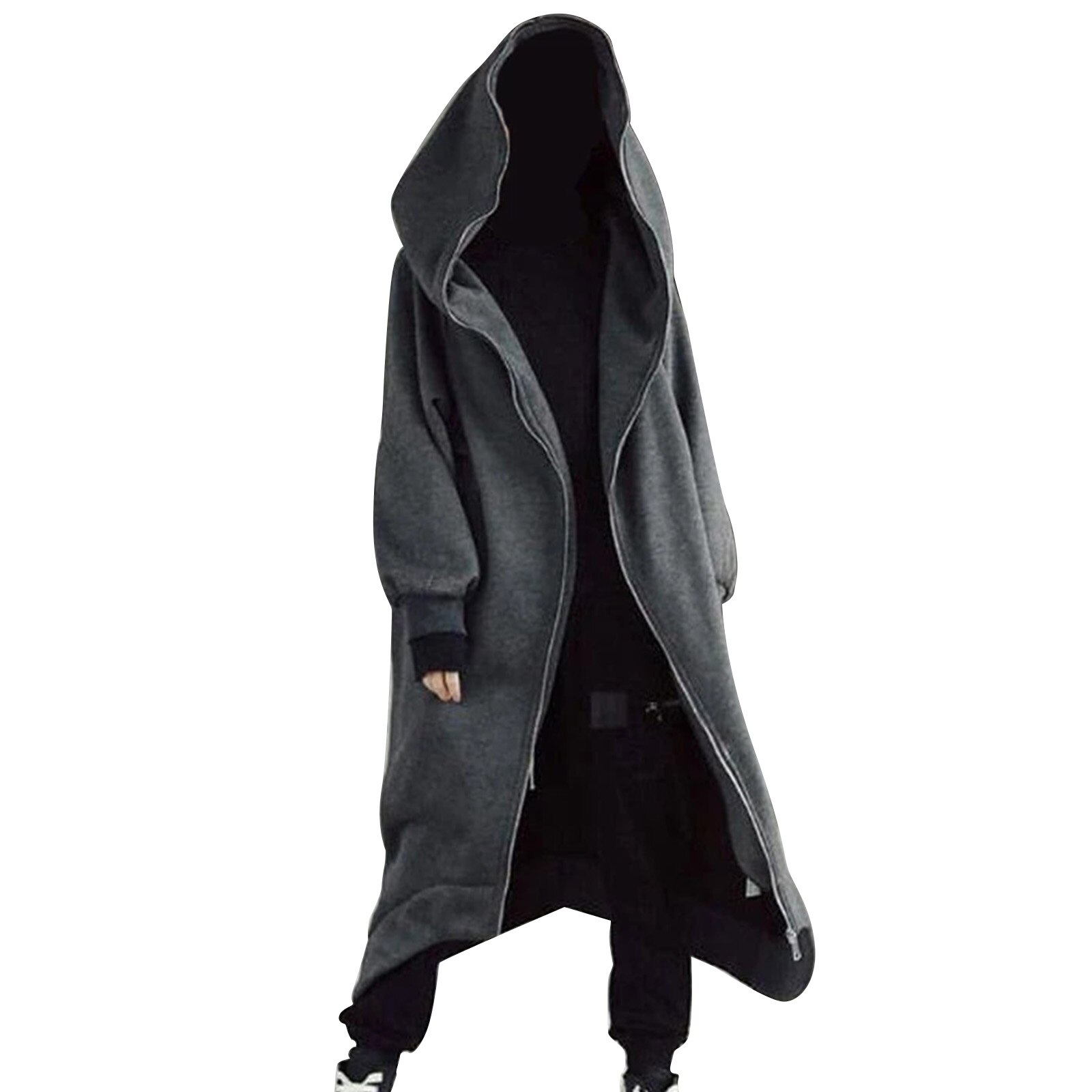 Unisex Long Sleeve Hooded Nazgul Long Coat Zipper Closure Fleece Lined Long Hoodie PUZ777: 5XL / Gray