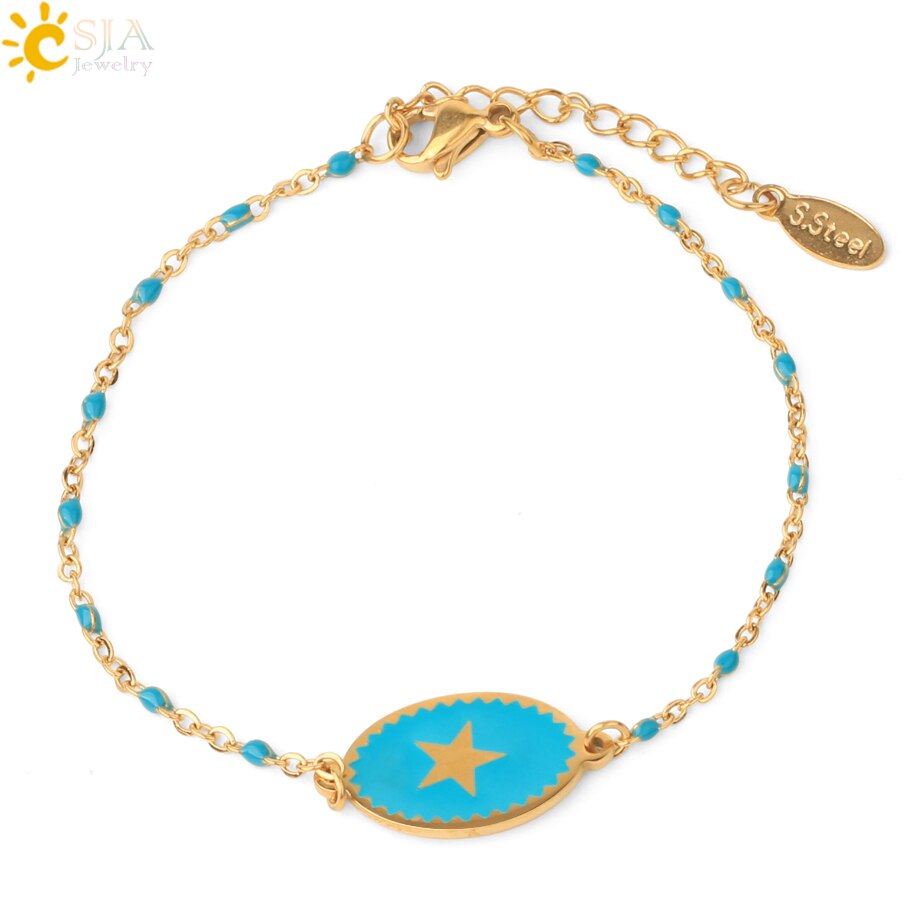 CSJA, pulsera de acero inoxidable para mujer, colgante de estrella esmaltada, cadena de eslabones de Color dorado con cuentas, delicado Delgado, pulseras Inoxydable Acier S718: Sea Blue