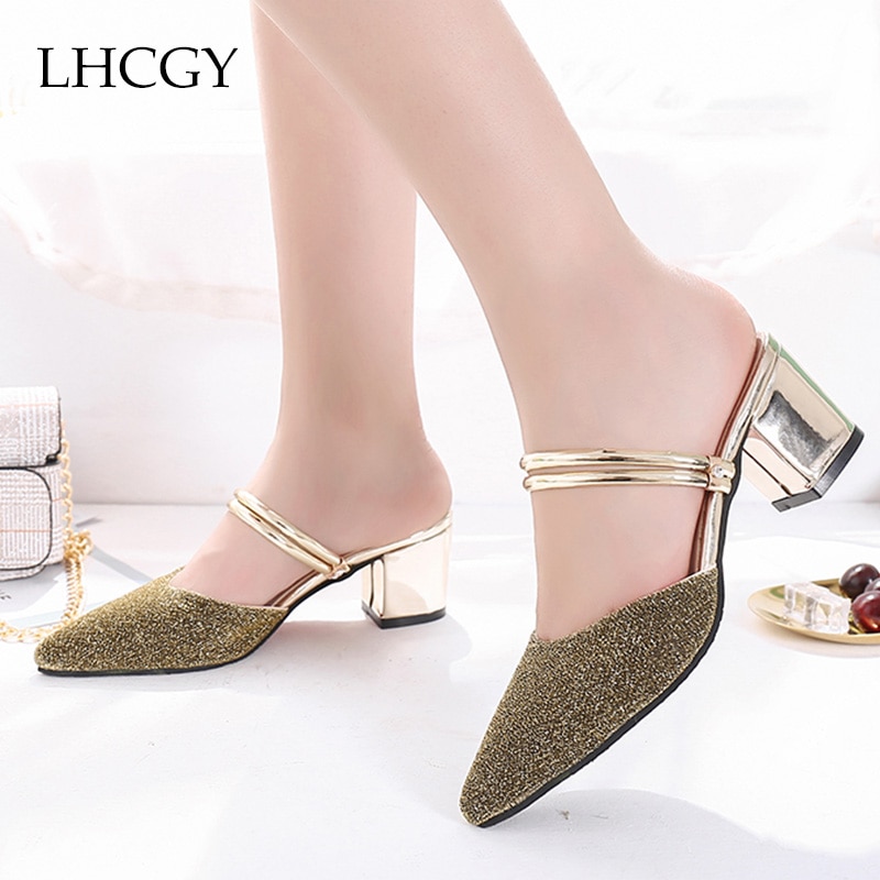 Plus Size 35-43 Summer Women Slippers Pointed Toe Woman Sandals High Heels Slippers Square Heeled Silver Slides Outside 6571