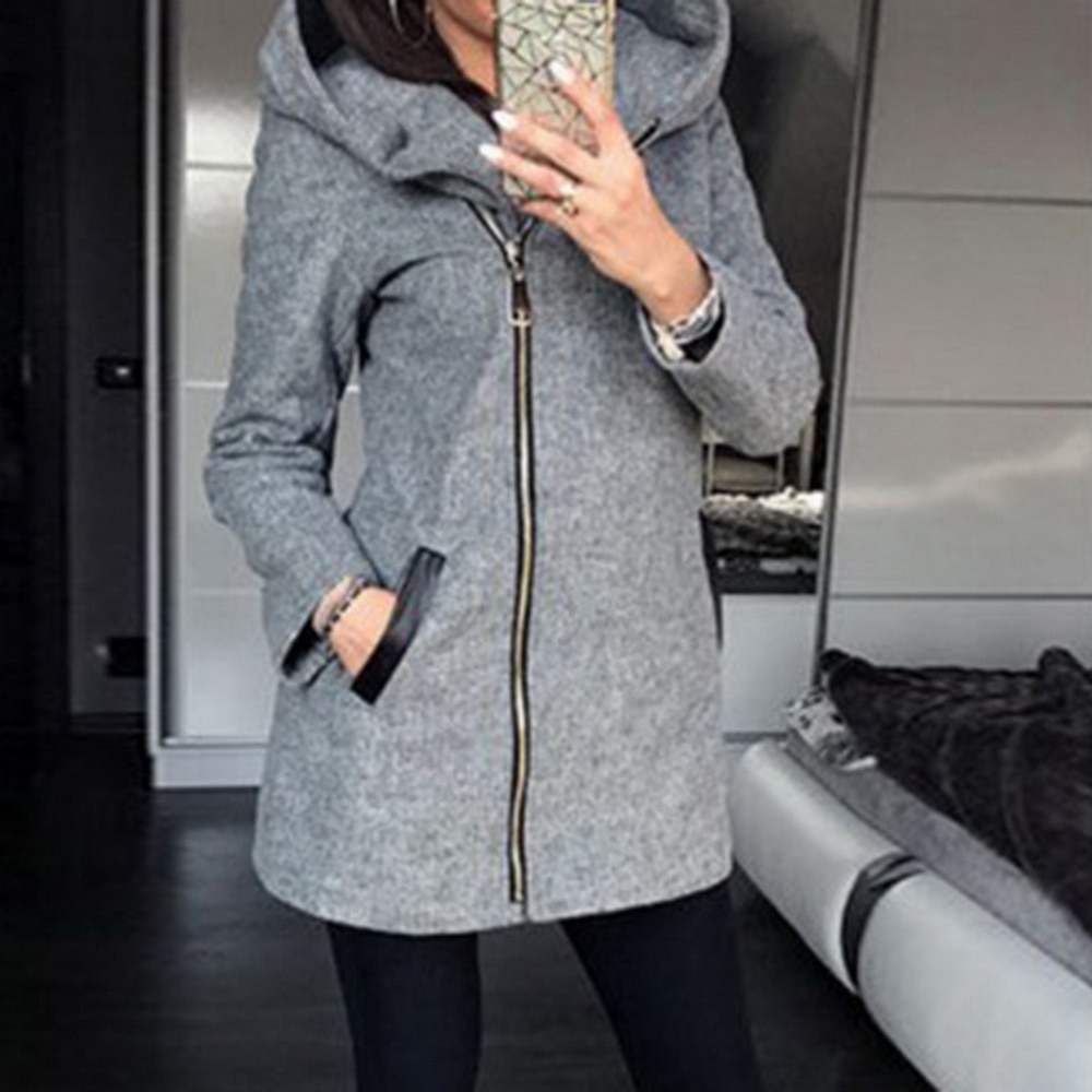Herfst Winter Capuchon Dame Effen Kleur Lange Mouw Rits Sweatshirt Jas Vrouwelijke Mode Toevallige Slanke Uitloper Jas