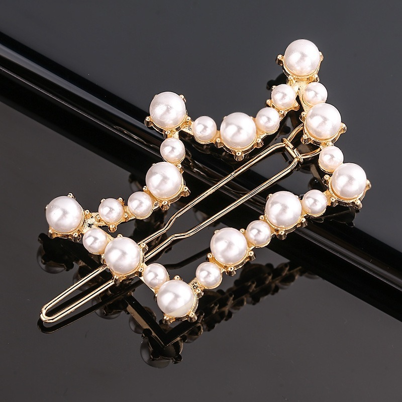 Horquilla de aleación geométrica de pentagrama de perlas de arco de para niña, Clip para el cabello minimalista, accesorios para el cabello con forma de corazón de diamante