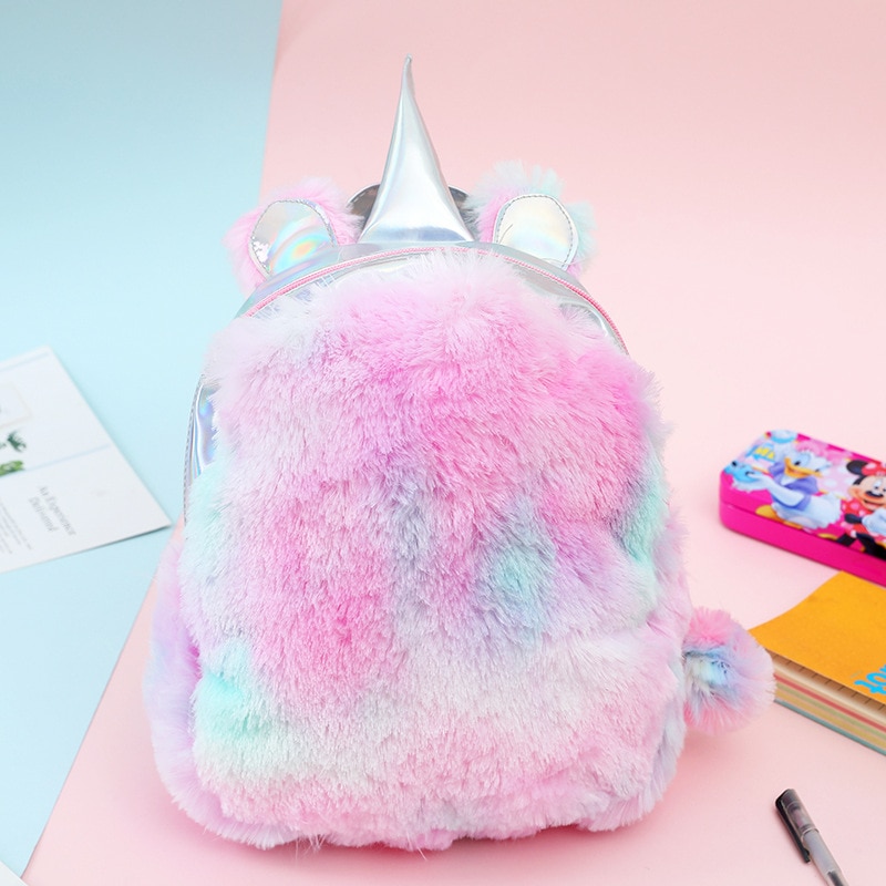 3D Cartoon kids bag holographic pink backpack for children Plush school bags pu backpack for girls mochila escolar