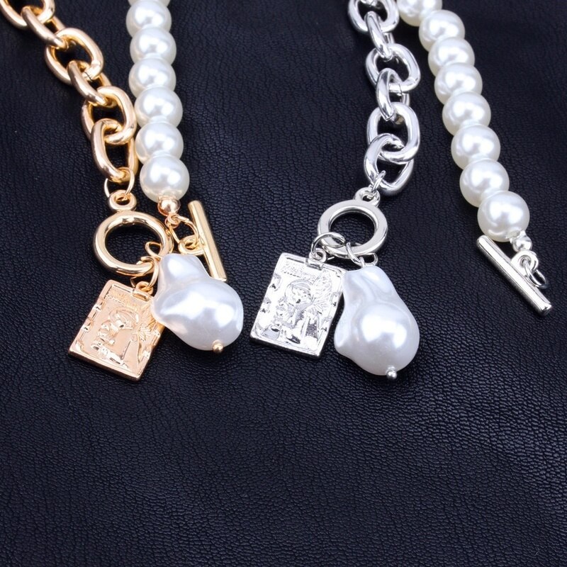 Women punk 2 Layers Pearls Pendants Necklaces Metal Snake Chain Necklace Jewelry